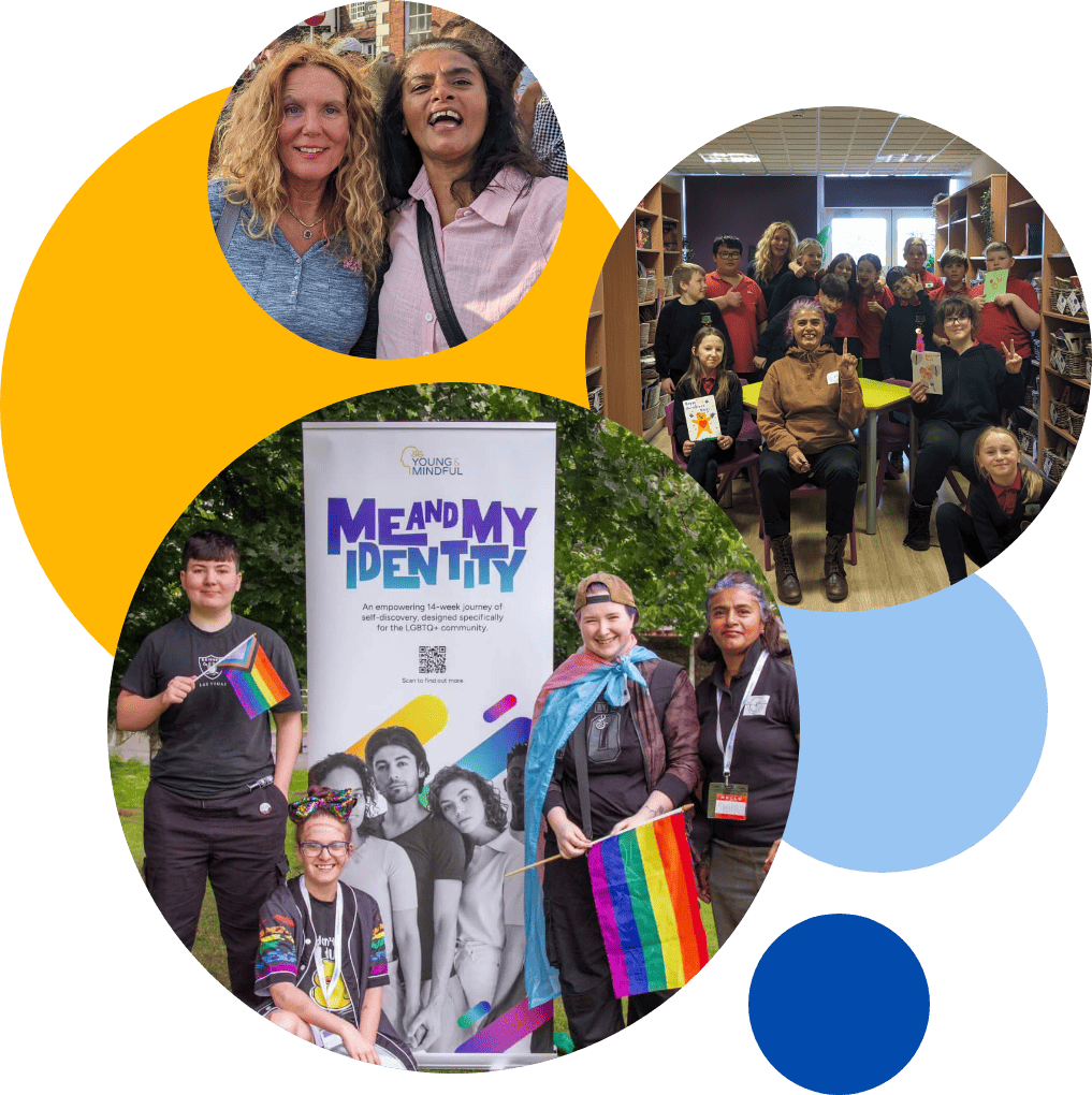 A collage of YaM working and smiling, in three separate circles with yellow and blue circles layered behind.