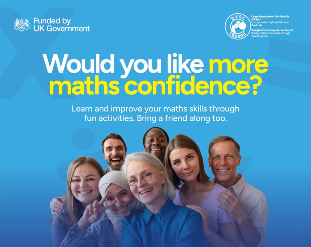 Maths confidence event poster. The poster shows a group of 7 people all different races and ages smiling at the camera.